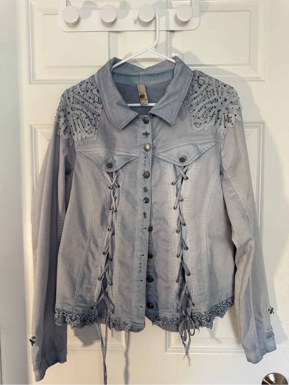 Tredy Light Blue Lace Up Corset Utility Jacket Crochet Lace Accent Sz Large